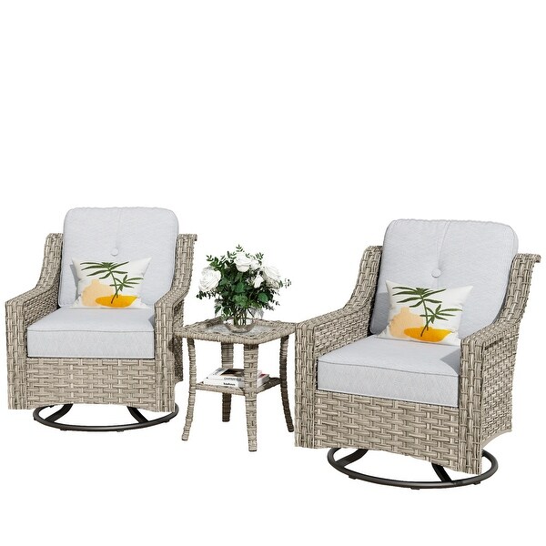 XIZZI 3Piece Swivel Rocking Chair Rattan Wicker Outdoor Patio Furniture Bistro Set