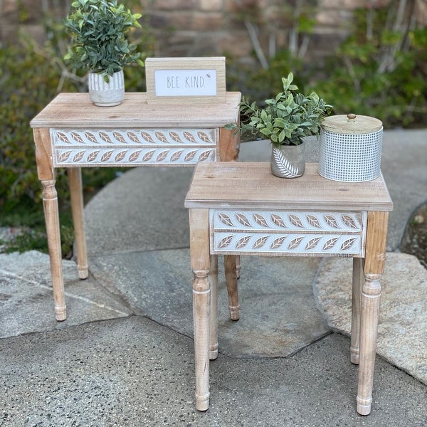 Audra Farmhouse Carved Wood End Accent Tables Set of 2