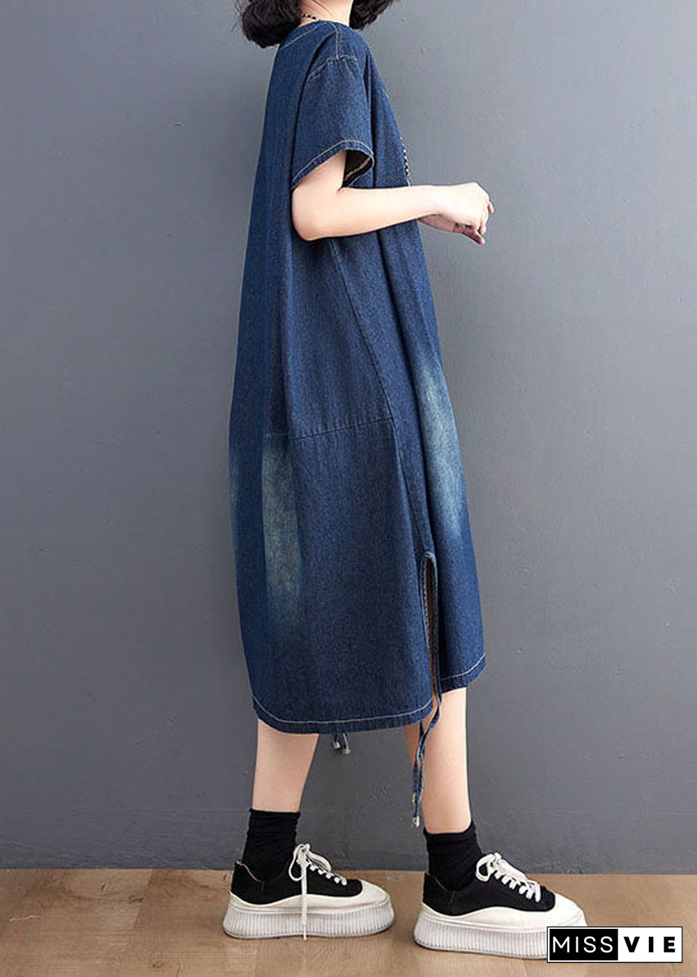 Simple Blue V Neck Patchwork Side Open Denim Dress Summer