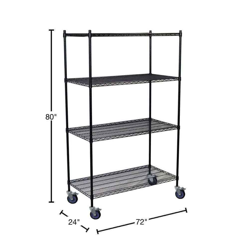 Storage Concepts Black 4-Tier Rolling Steel Wire Shelving Unit (72 in. W x 80 in. H x 24 in. D) WBC4-2472-74