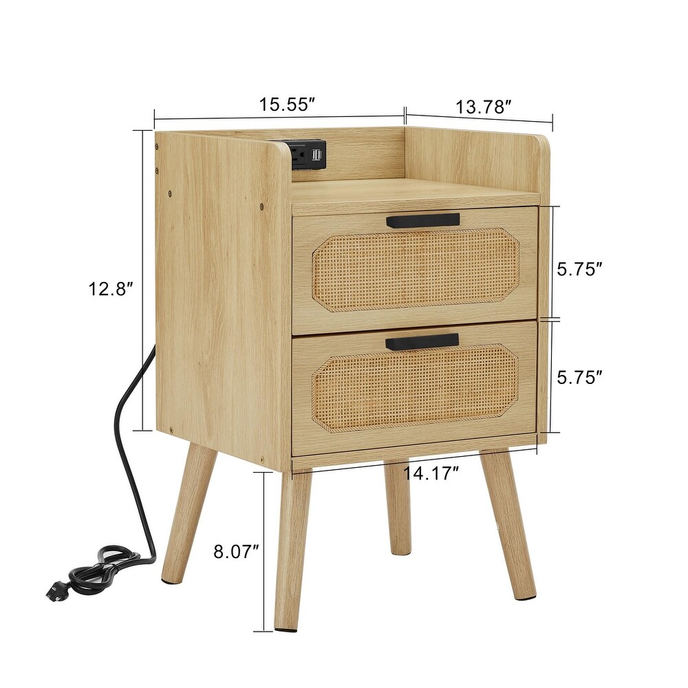 Natural Handmade Rattan Nightstand with Socket 2PC