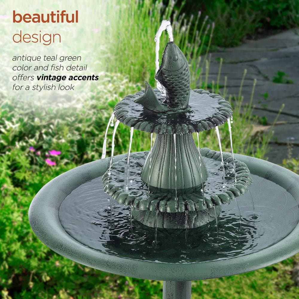 Alpine Corporation 40 in. Tall Outdoor 3-Tiered Pedestal Water Birdbath with Fish Design Floor Fountain, Green TEC104