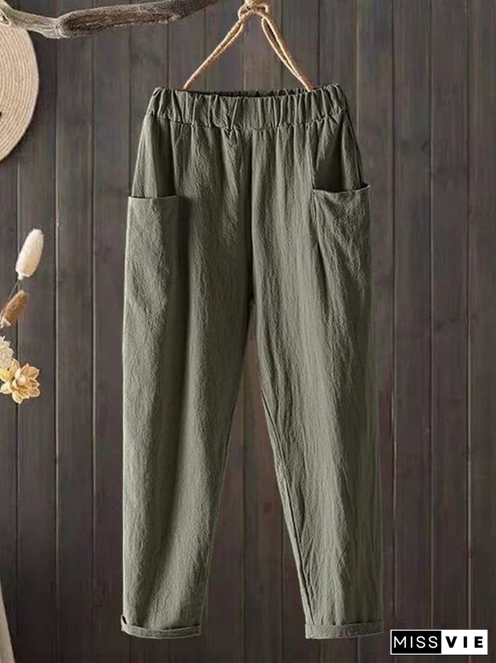 Women's Casual Pure Color Literary Cotton Pants