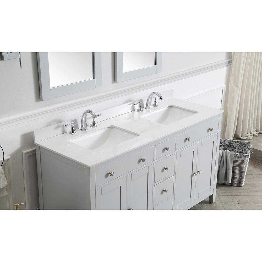 Home Decorators Collection Austen 60 in. W x 22 in. D Bath Vanity in Dove Grey with Marble Vanity Top in Yves White with White Sinks Austen 60G