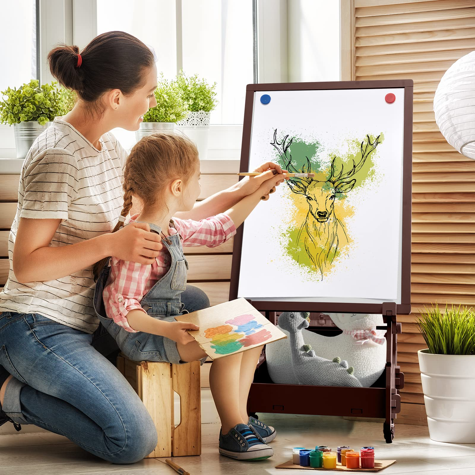 Costzon Kids Art Easel with Lockable Wheels, Height Adjustable Magnetic Removable Painting Board with Storage