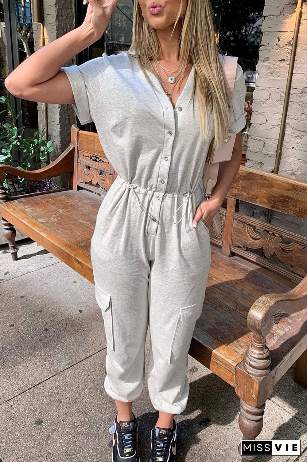 Button Drawstring Pockets Jogger Jumpsuit