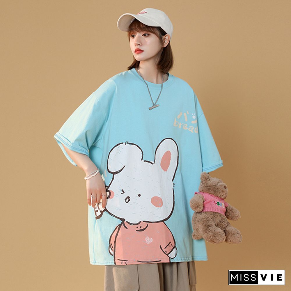 Cartoon Bunny Print Round Collar Casual T-Shirt