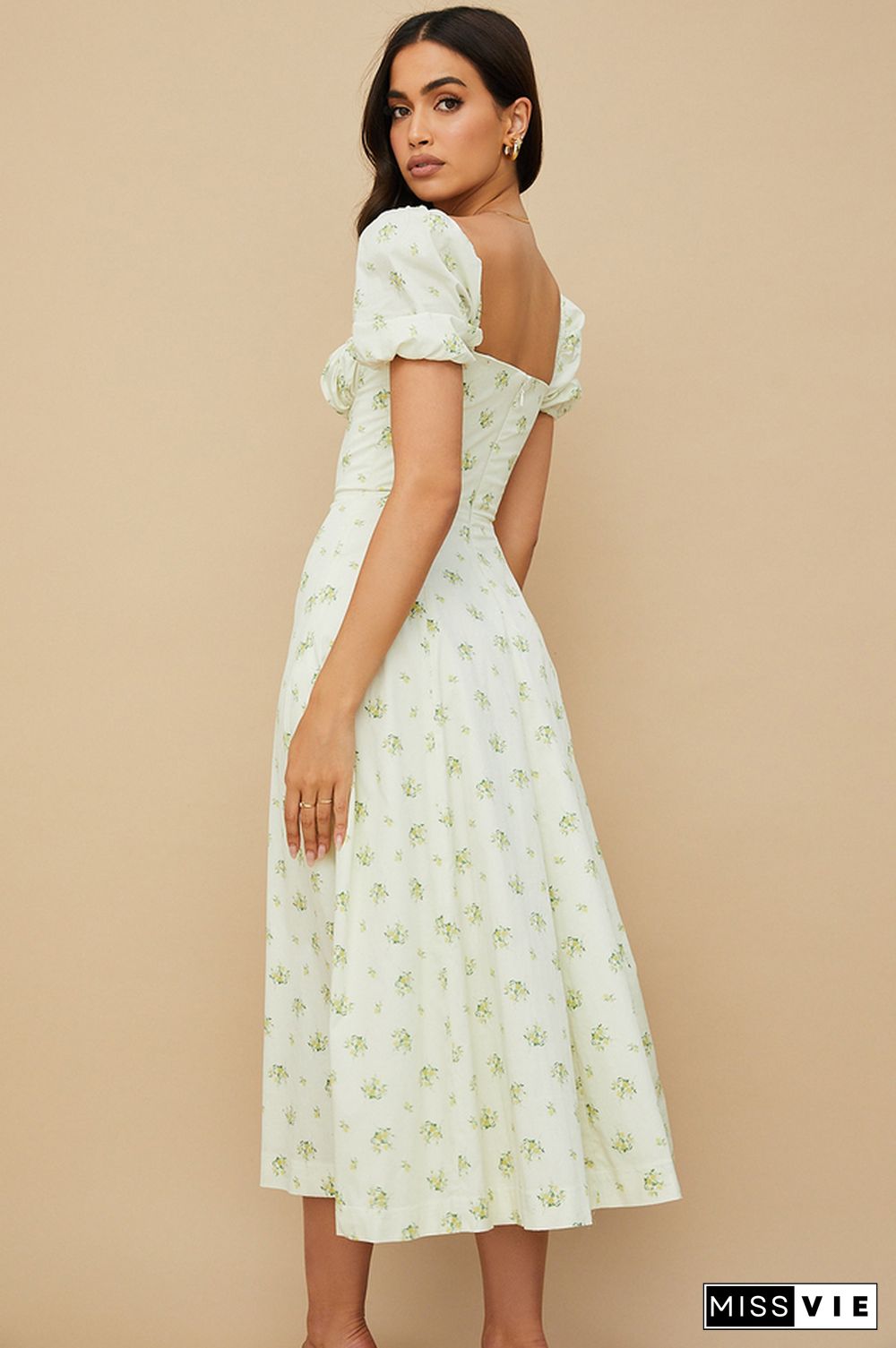 Nwbetter Floral Puff Sleeve Boho Midi Dress