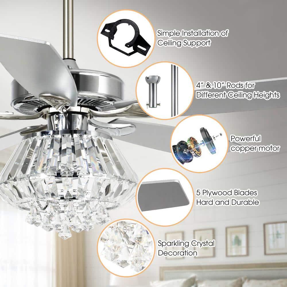 Parrot Uncle Zuniga 52 in Indoor Chrome Downrod Mount Crystal Chandelier Ceiling Fan with Light Kit and Remote Control