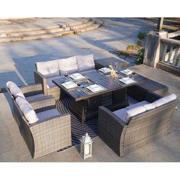 Patio Wicker Sofa Set With Firepit and Ice Container Rectangle Dining Table