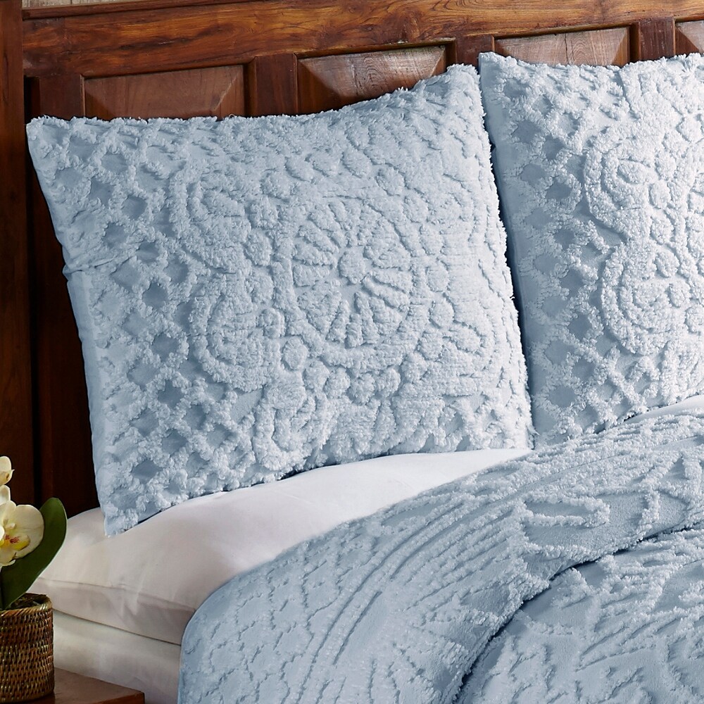 Better Trends Trevor 100% Cotton Tufted Chenille Medallion Design Bedspread Set   Blue   Twin