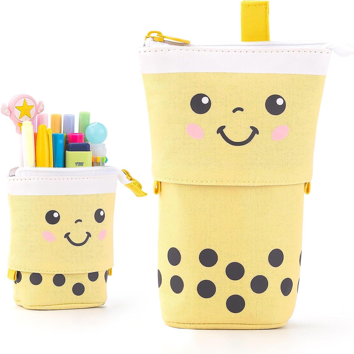 Cute Pencil Case Standing Pen Holder Telescopic Pouch Pop Up Cosmetics Bag Stationery Office Organizer Box For Girls Students Women Adults (yellow)