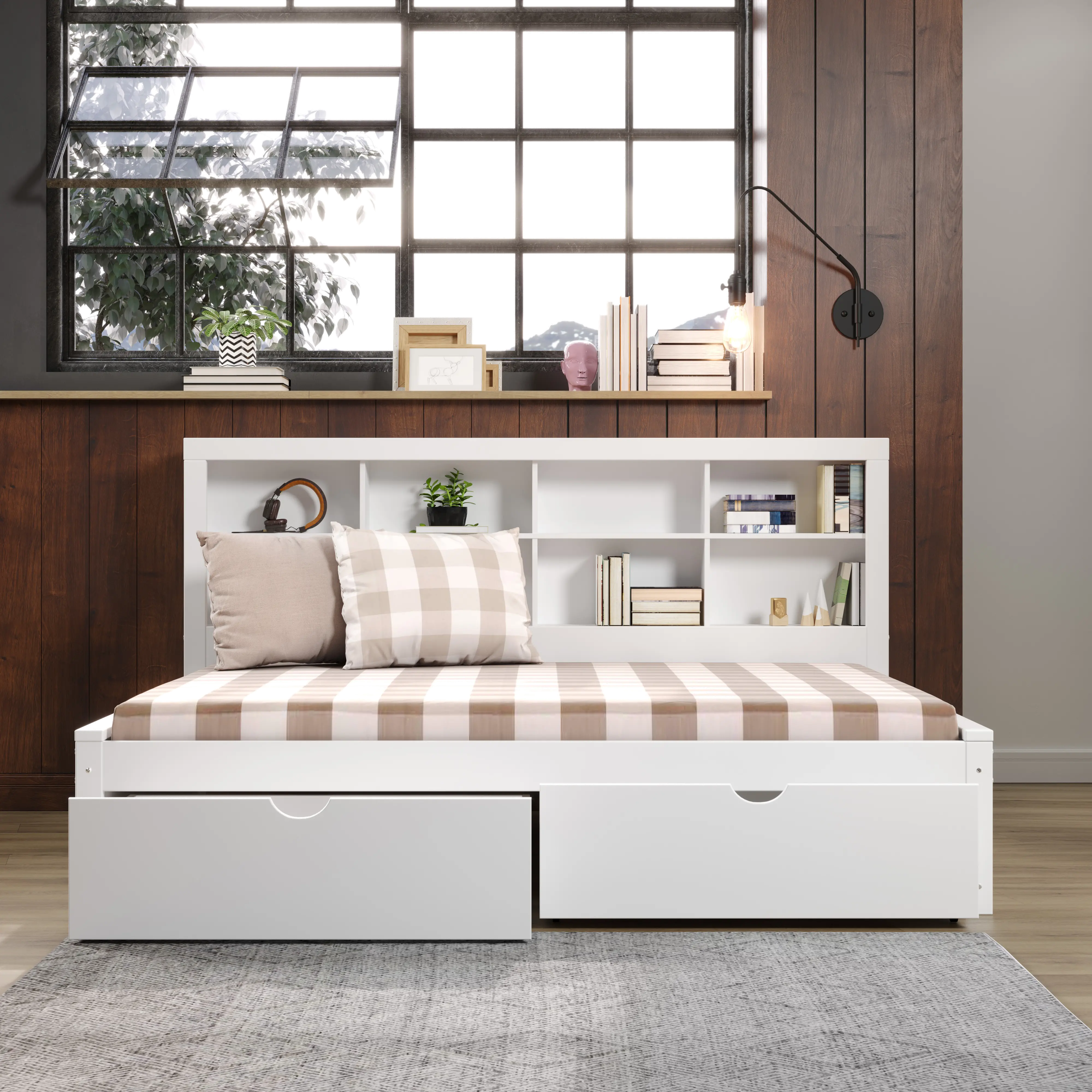 White Full Bookcase Daybed with Storage Drawers