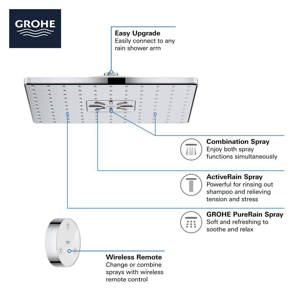 GROHE Rain shower Smartconnect 310 2-Spray with 1.75 GPM 12 in. Wall Mount Fixed Shower Head with Remote in StarLight Chrome 26645000