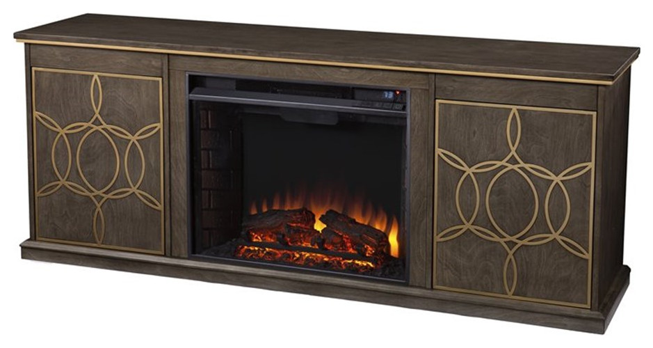 Bowery Hill Modern Electric Fireplace Console with Media Storage in Brown/Gold   Transitional   Entertainment Centers And Tv Stands   by Homesquare  Houzz