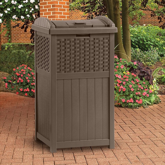 Suncast Trash Hideaway 33 Gallon Garbage Container 1 Beige amp 1 Brown 2 Pack