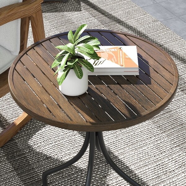 Outdoor Side Table，Patio Round Coffee Table with Steel Frame and Slat Tabletop