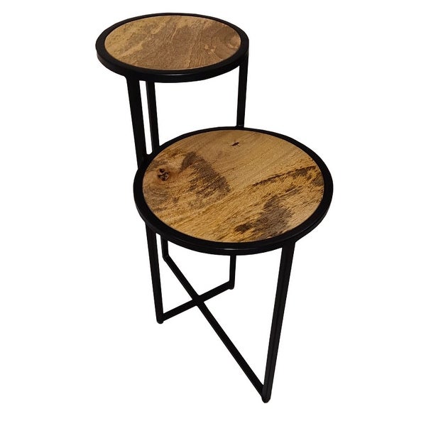 Two Tier Round Wooden Side Table with Metal Frame， Brown and Brass