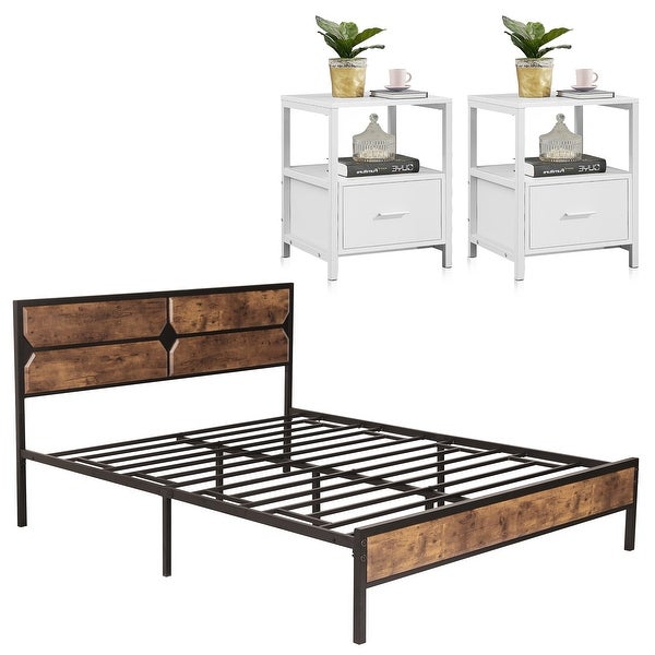 Taomika Industrial 3-pieces Bed with Wood Headboard and Square Nightstands Set - - 35162736