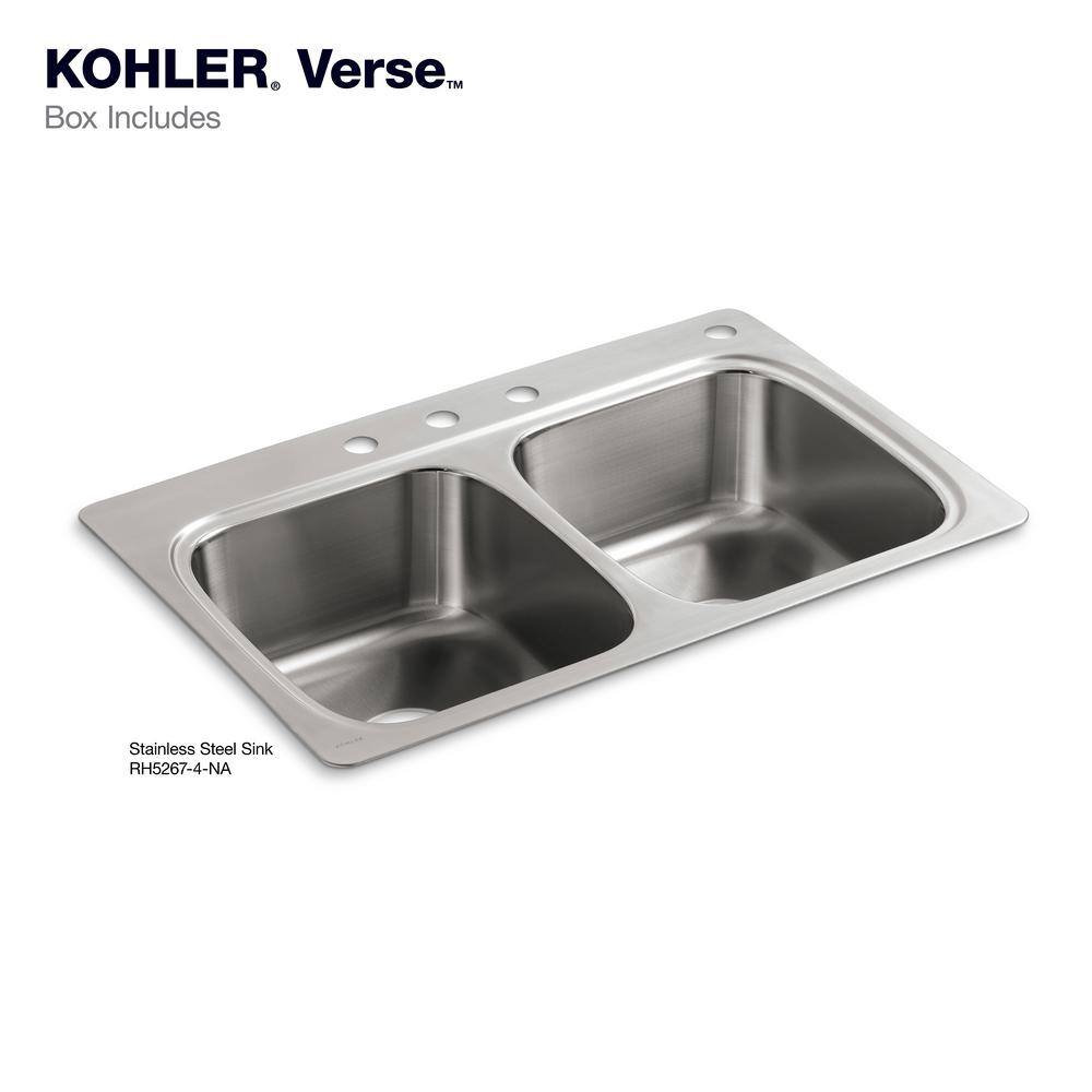 KOHLER Verse 33 in. Drop-in Double Bowl 20 Gauge Stainless Steel Kitchen Sink with 4-Holes K-RH5267-4-NA