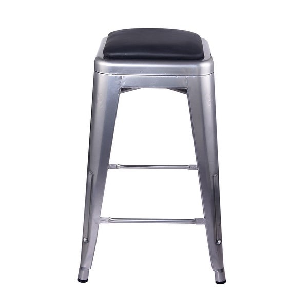 24 Inch Counter Height Backless Metal Stools with Vegan Leather Seat， Silver， Set of 4