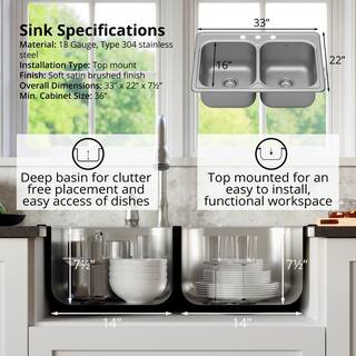 Karran PT35 18-Gauge Stainless Steel 33 in. Double Bowl Drop-In Kitchen Sink Kit PT35-PK1