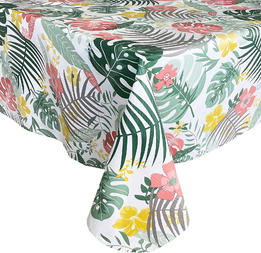 Palm Springs Tropical Floral Print Flannel Back Vinyl Tablecloth, Shabby Chic Swaying Palm Design Vinyl Indoor/Outdoor Waterproof, Patio, BBQ Tablecloth, 70 Inch Zippered Umbrella Round