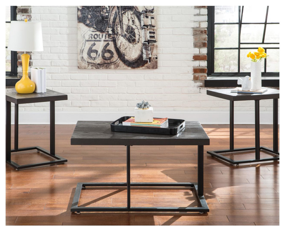 Metal Base Table Set With Floating Wooden Top Set Of Three Black  Saltoro   Industrial   Coffee Table Sets  Houzz