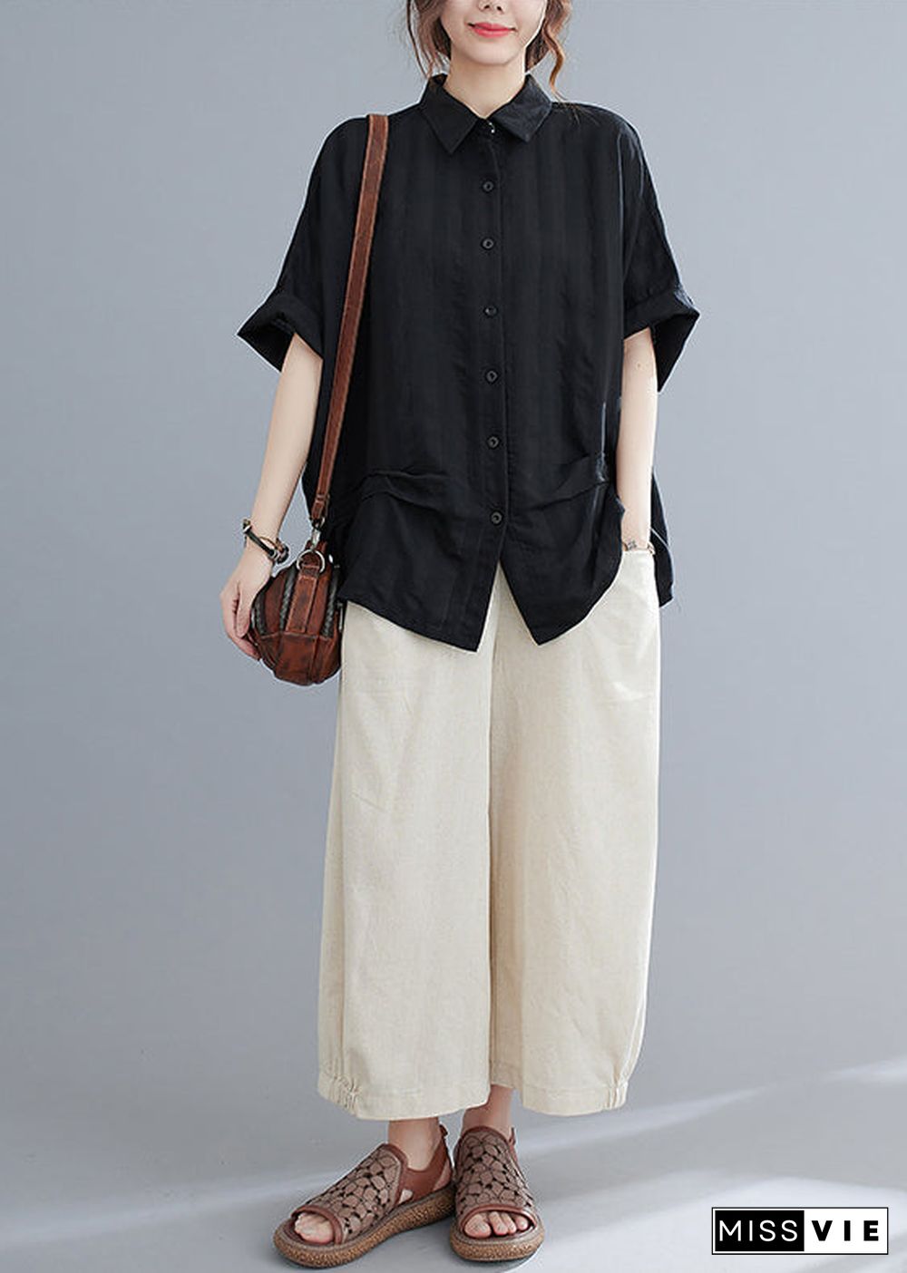 Stylish Black Oversized Wrinkled Cotton Shirt Top Summer