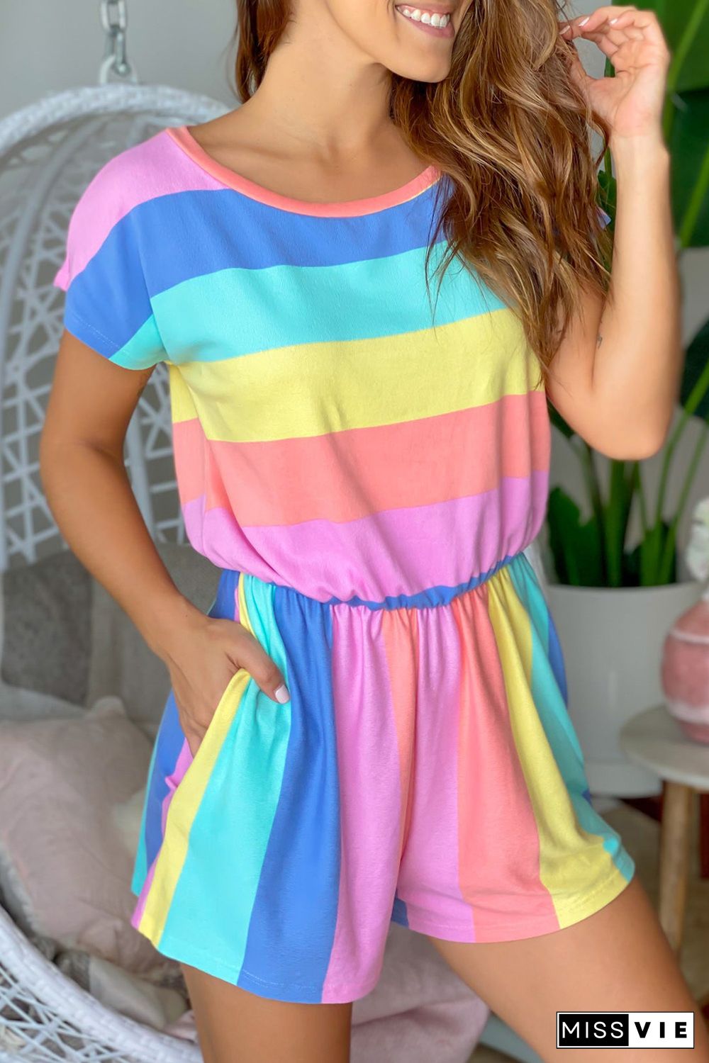 Multicolor Striped Print High Waist Short Sleeve Romper with Pockets