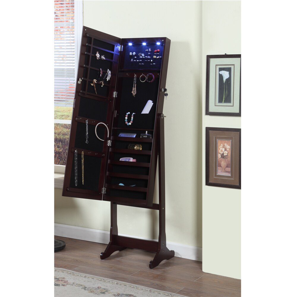 Artiva USA 63 in. Freestanding Full body Walnut Mirror w/ Interior LED Jewelry Armoire