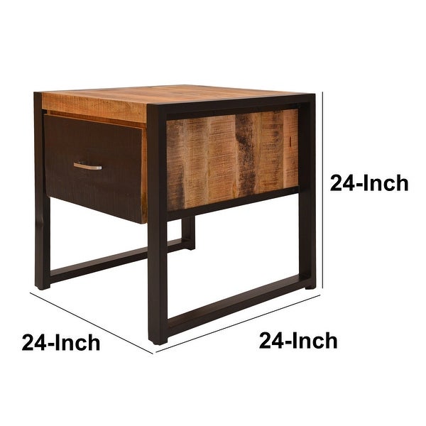 24 Inch Single Drawer Wooden Side Table with Metal Frame， Brown and Black