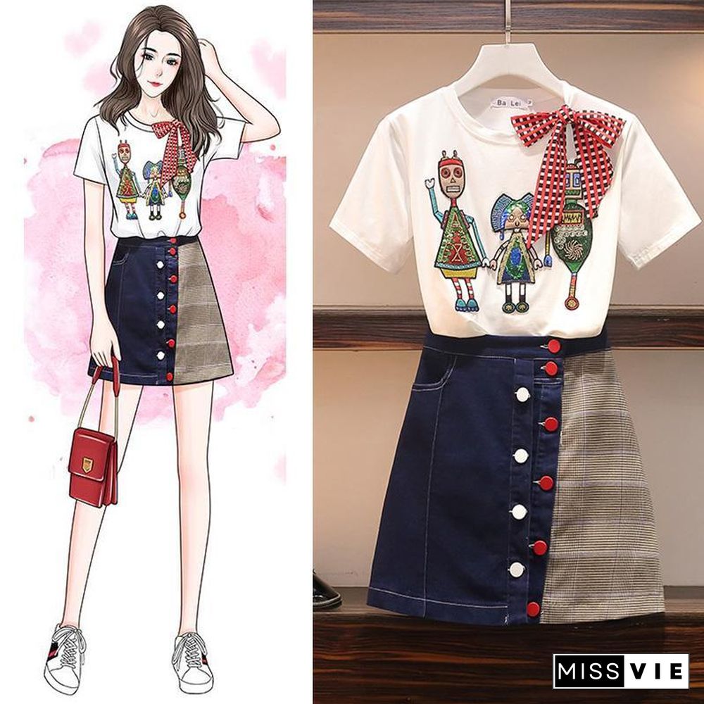 Cute Cartoon T-shirt +Denim Skirt P11150