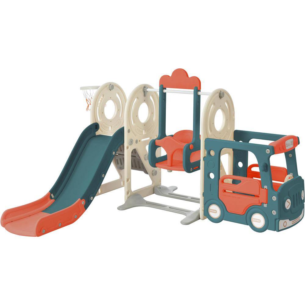 TIRAMISUBEST Red Indoor Outdoor 5-in-1 Freestanding Playset Kids Slide with Bus-Shaped Play Structure and Swing PPXY299290AAJ