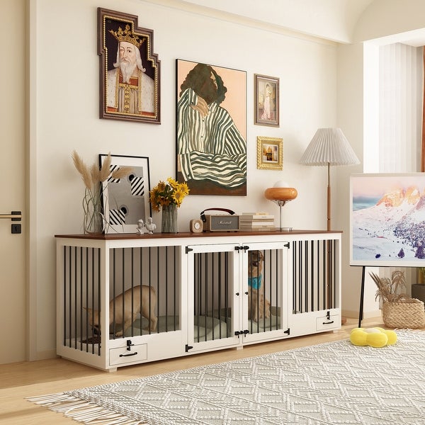 Modern White and Walnut Dog Crate Furniture - Versatile and Stylish - 86.6