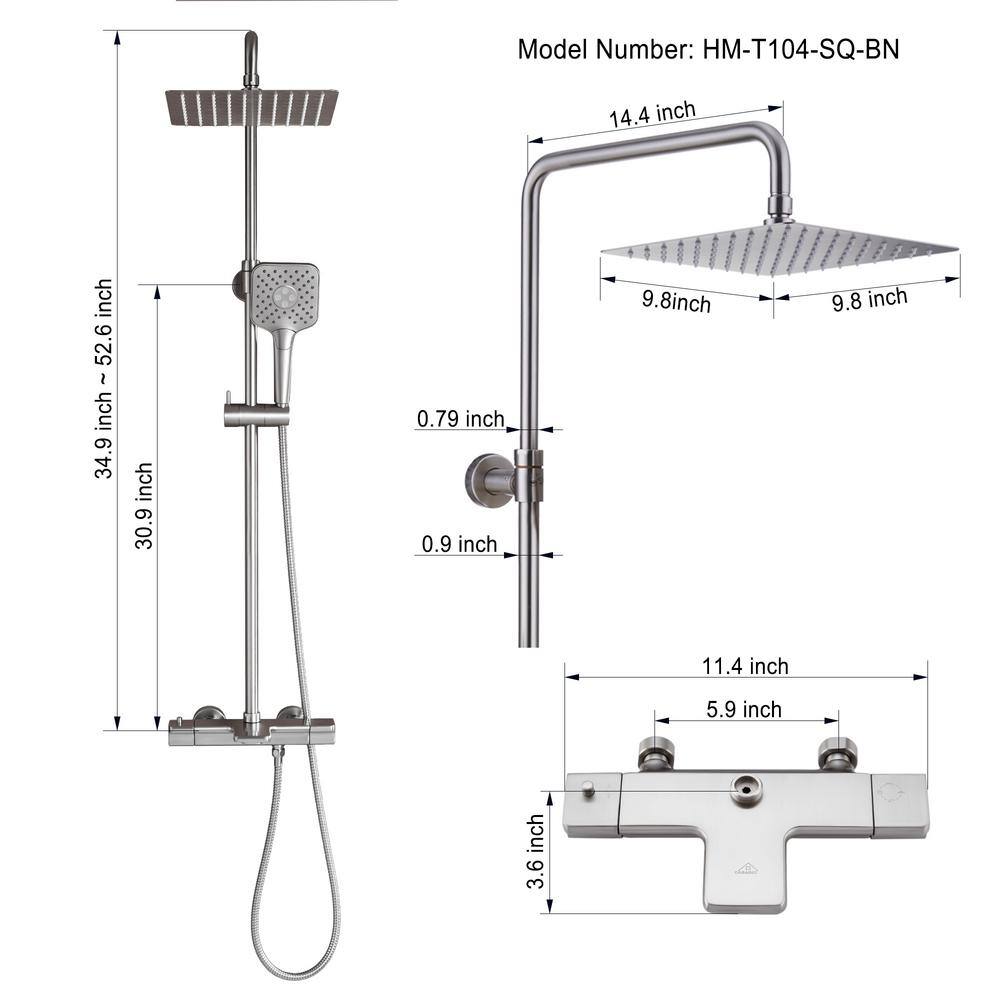 CASAINC 3-Spray Patterns 9.8 in. Tub Wall Mount Dual Shower Heads Thermostatic Shower Faucet in Brushed Nickel HM-T105-SQ-BN