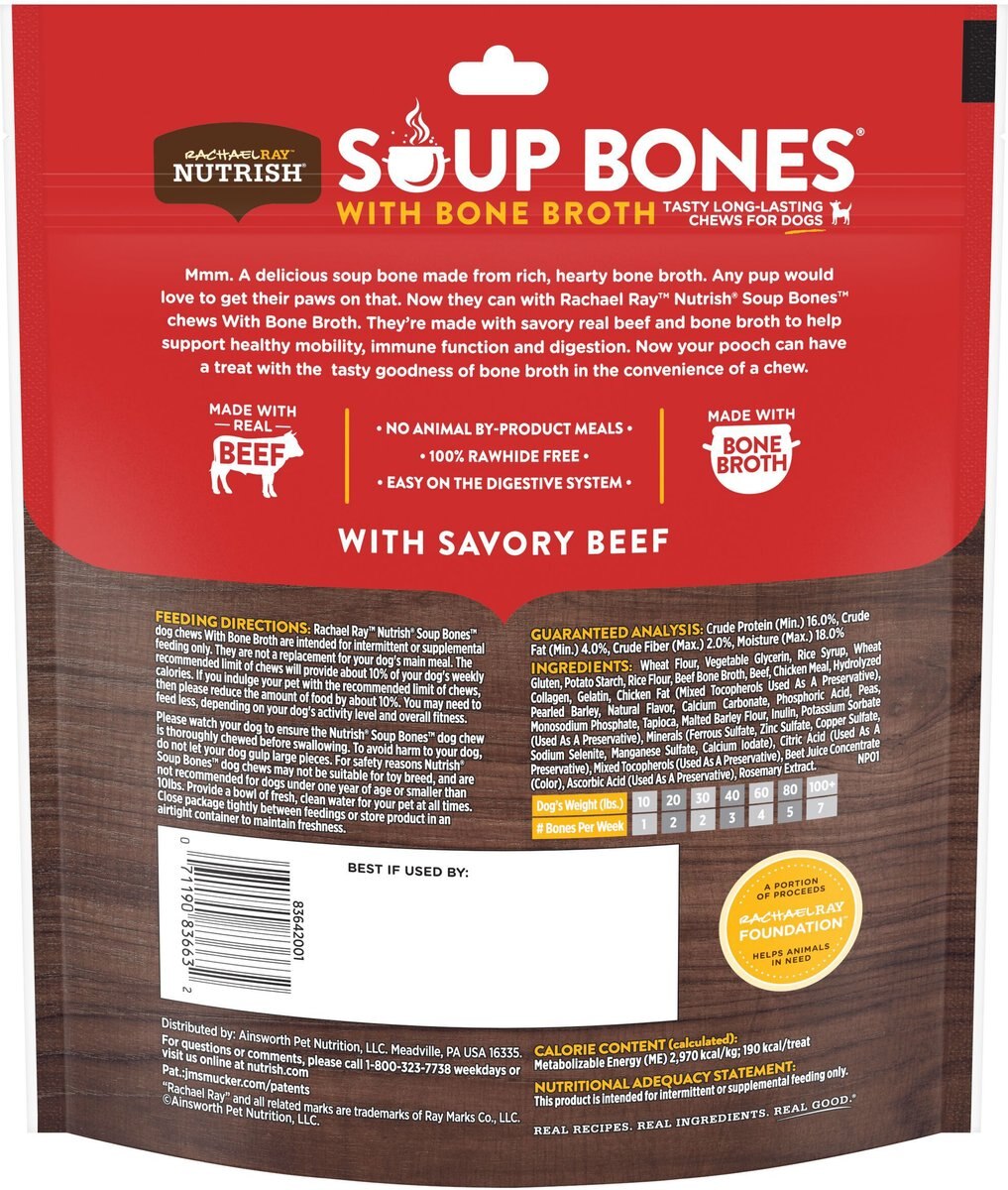 Rachael Ray Nutrish Soup Bones with Bone Broth Savory Beef Dog Treats， 9 count