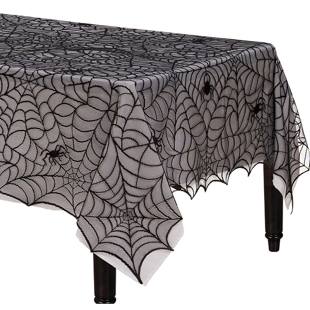 Fun Little Toys 2 PCs Halloween Tablecloth， Black Lace Spiderweb Fireplace Mantle and Tablecloth， Halloween Party Supplies， Halloween Party Decorations， Halloween Indoor Decorations