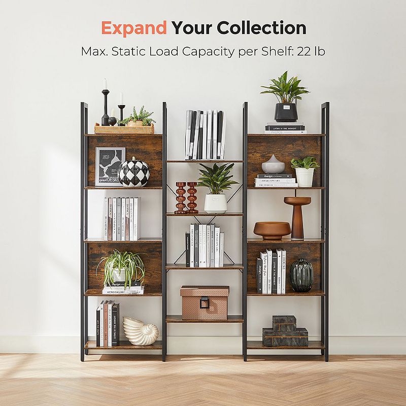 Triple Wide 5 Tier Bookshelf， Bookcase With 14 Storage Shelves， Metal Frame， Living Room