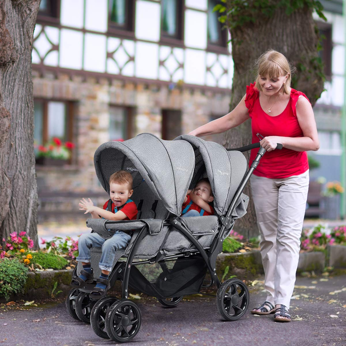 BABY JOY Double Baby Stroller, Foldable Double Seat Tandem Stroller with Adjustable Backrest