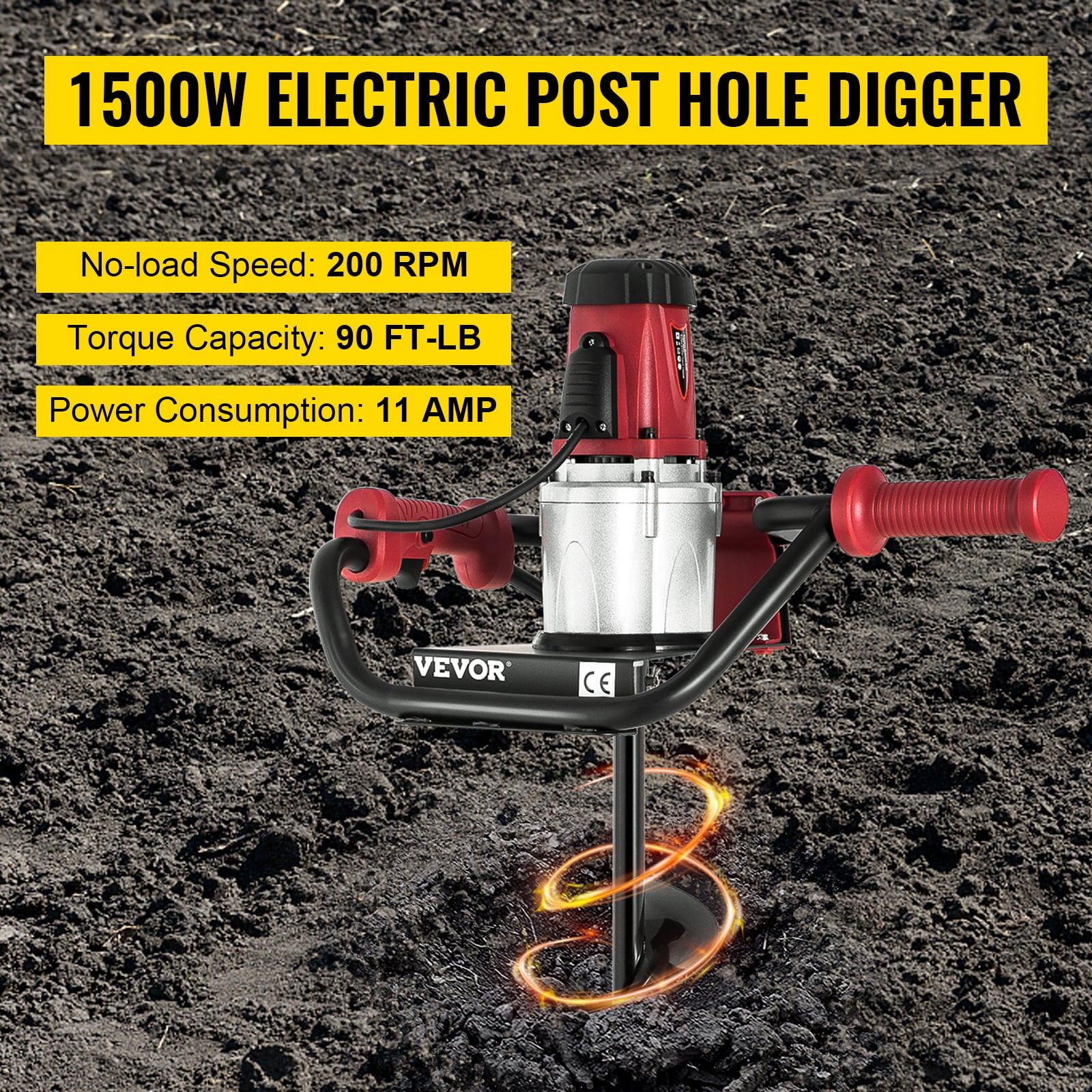 VEVOR Electric Post Hole Digger, Power Post Hole Auger, with 6" Digging Auger Bit Set, 1500 W 1.6 HP Electric Earth Digger Auger