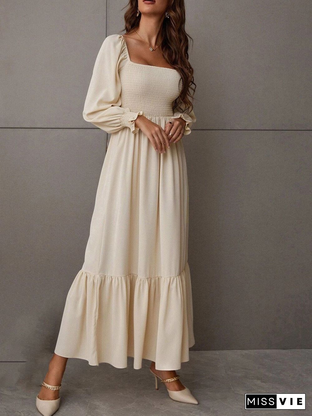 Women'S Dresses Square Neck High Waist Long Sleeve Ruffle Dress