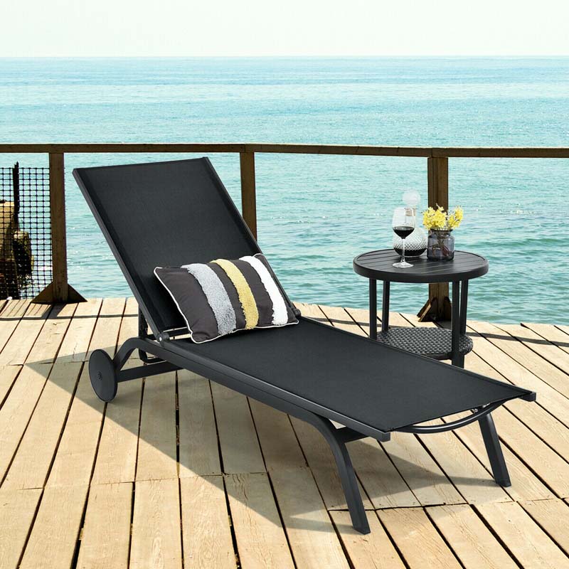 Aluminum Patio Chaise Lounge Chair with Wheels, 6-Position Fabric Outdoor Sun Lounger for Pool Beach Deck Yard