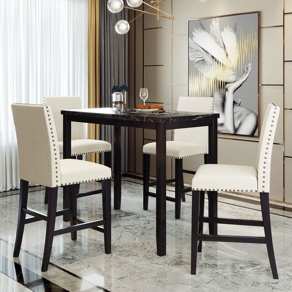 5 Piece Counter Height Faux Marble Modern Dining Set with Matching 4 Nailheads Chairs and Marble Veneer for Home