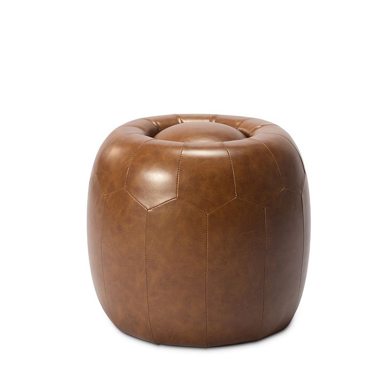 17 Inch Wood Round Ottoman， Honeycomb Design， Modern Brown Faux Leather