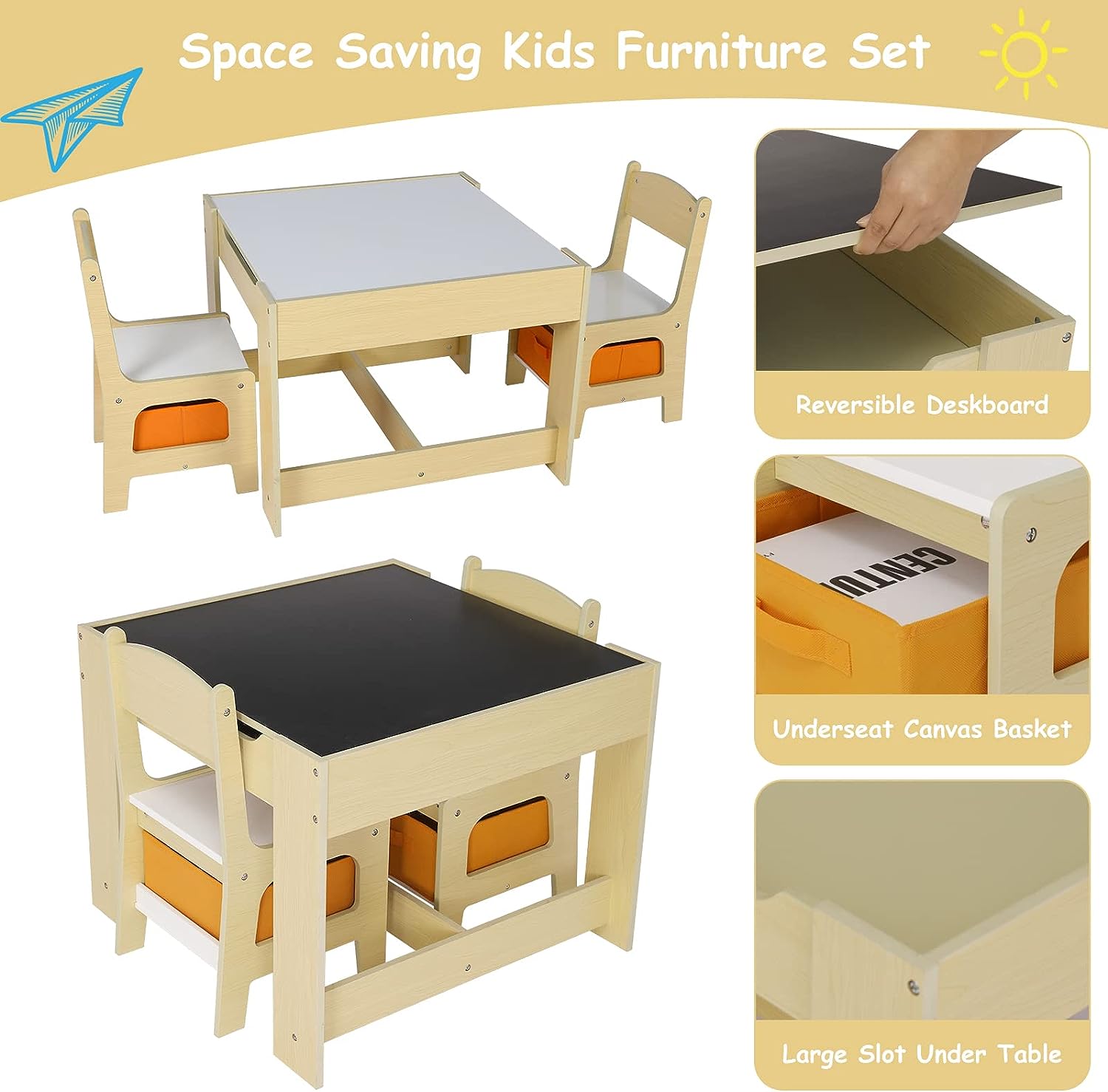 Kids Table and Chairs Set with Storage Drawers, Drawing Black Board Desk