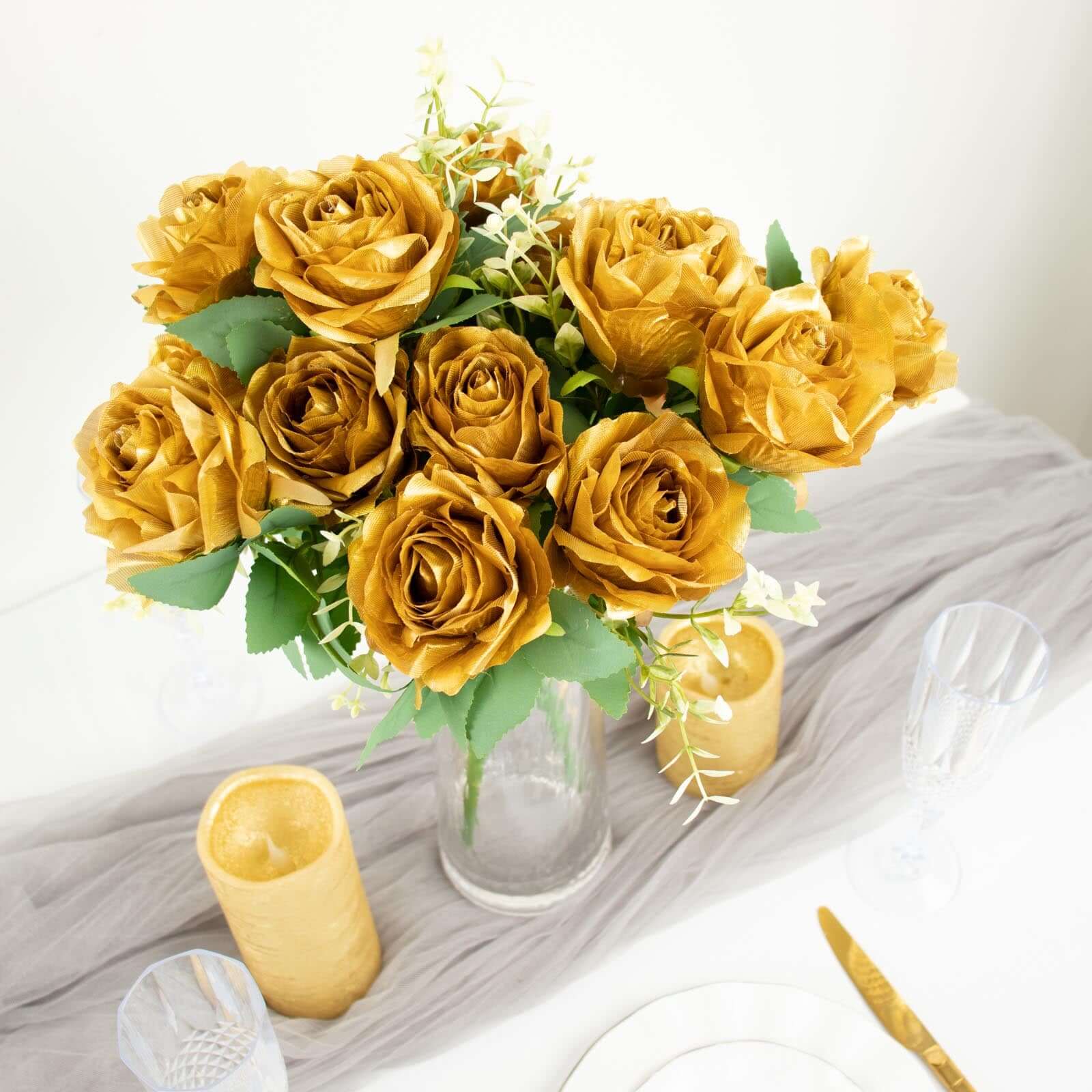 2 Bushes Gold Artificial Silk Rose Flower Arrangements, Real Touch Long Stem Flower Bouquet 18