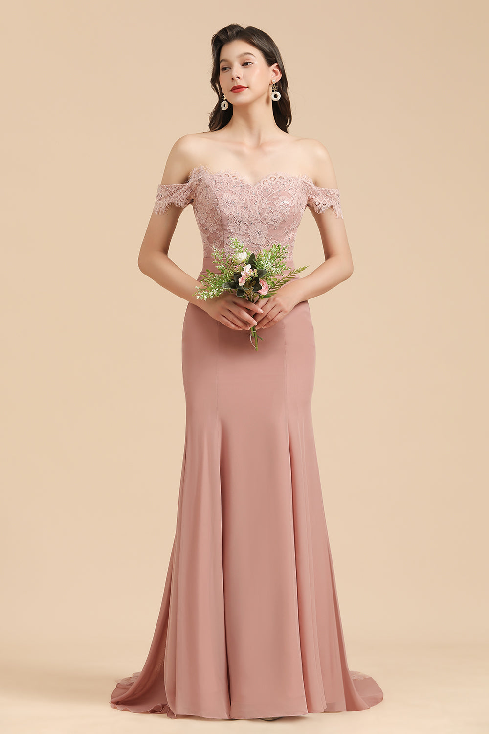 Dusty Rose Off-the-Shoulder Lace Bridesmaid Dresses