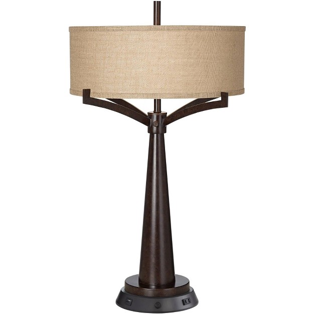 Tall Bronze Metal With Dimmable Usb And Power Outlet Burlap Drum Shade For Living Room House