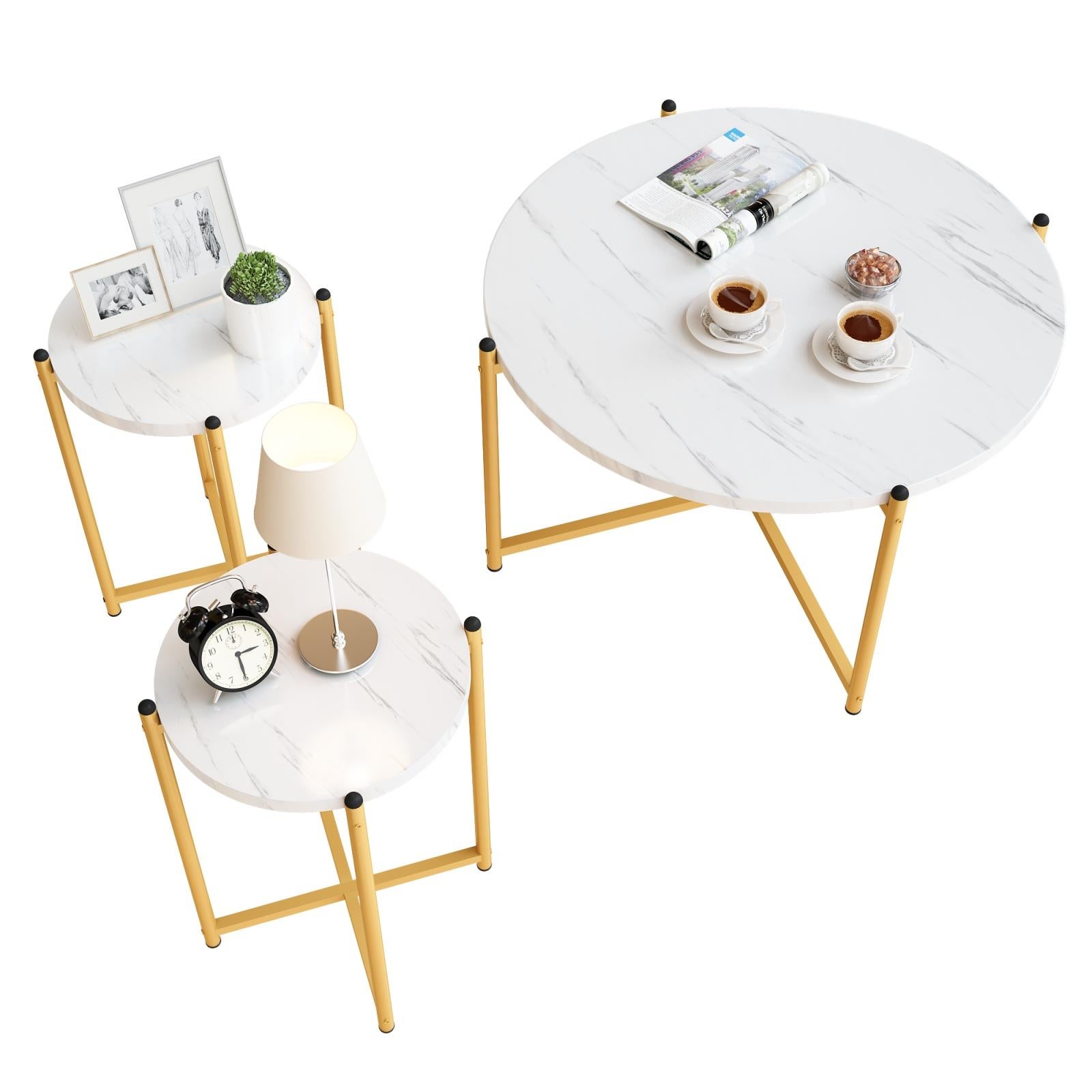 Round Coffee Table and 2pcs Side Table， Living Room Table Sets with Faux Marble Tabletop - 15.5